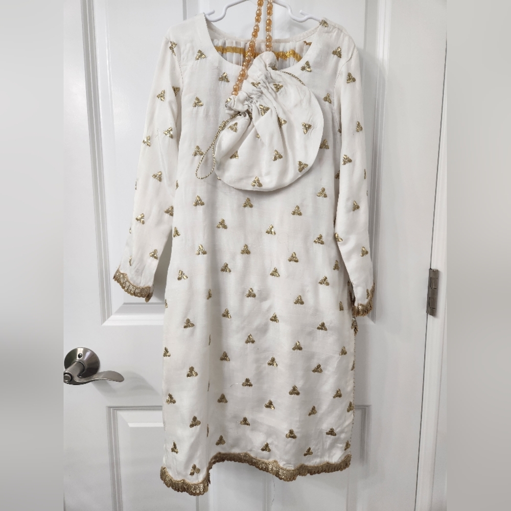 White Dress with Gold Bee Pattern